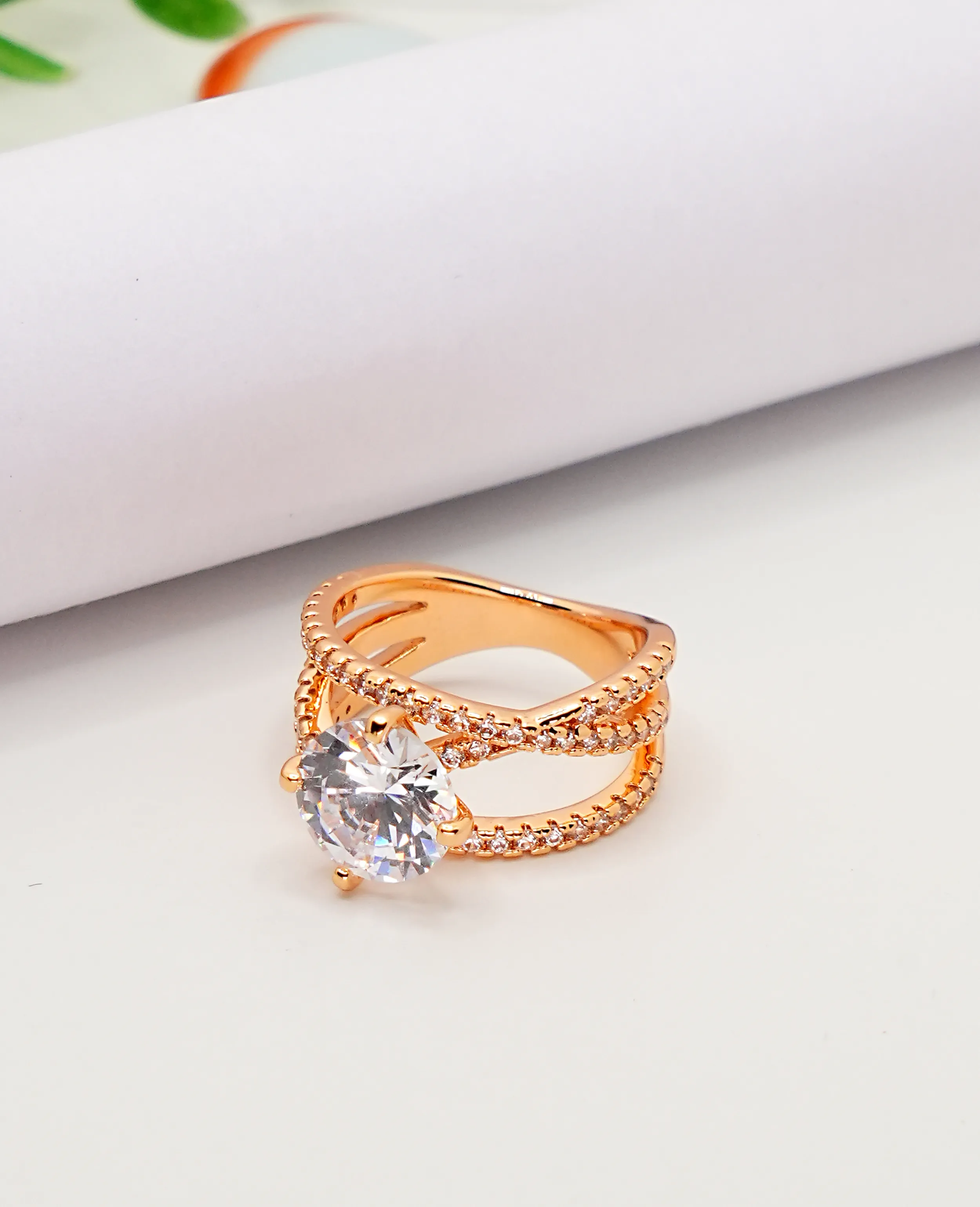 AD Solitaire Designer Ring - Rose Gold Elegance