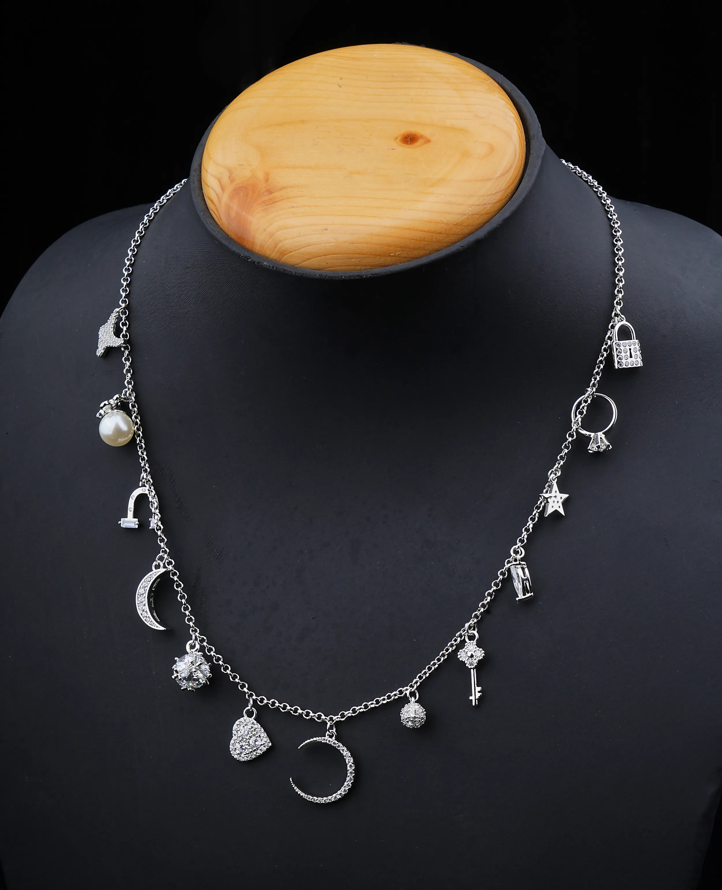 Celestial Charm Necklace - AD Silver Base with Moon & Star Details