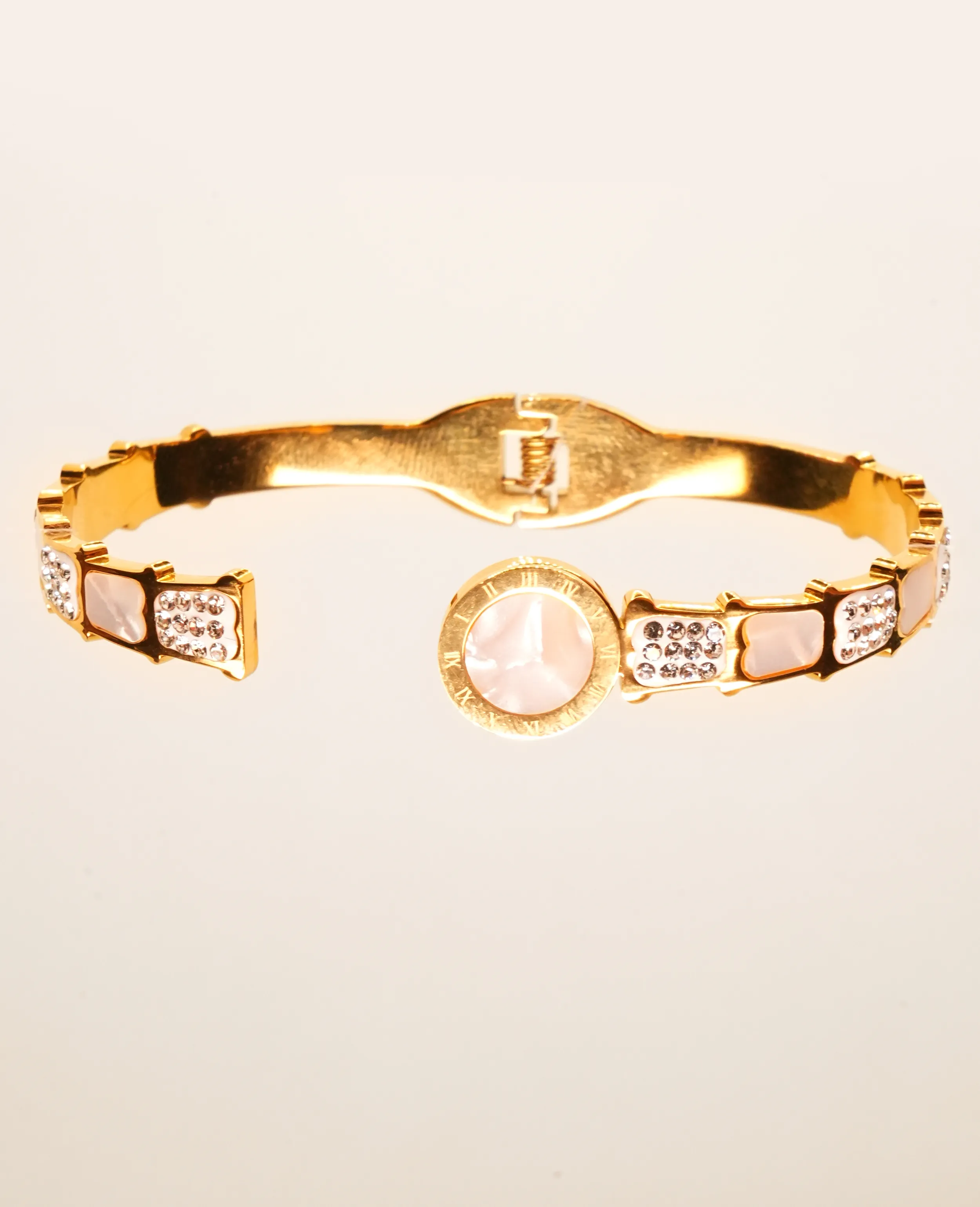 Golden Designer Kada Bracelet with Mother of Pearls & Sparkling AD Stones