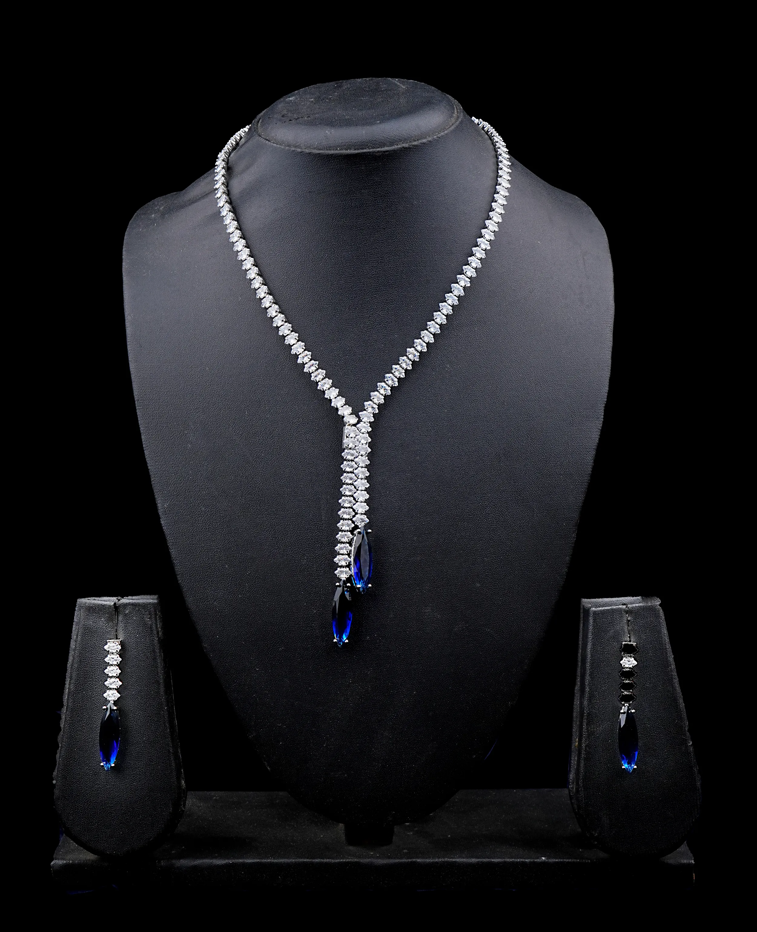 Sapphire Elegance Designer AD Necklace Set - Contemporary Chic in Silver