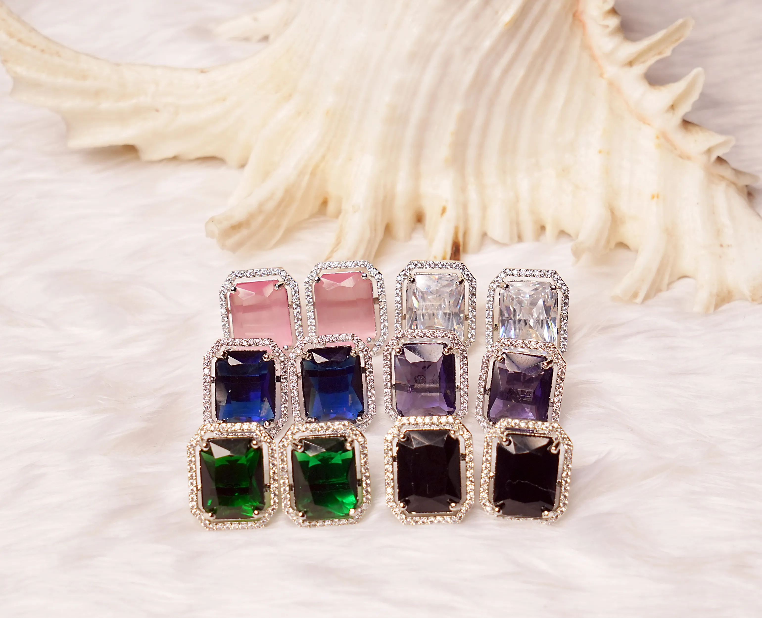 Evergreen AD Studs with Pink Semi-Precious Stones 