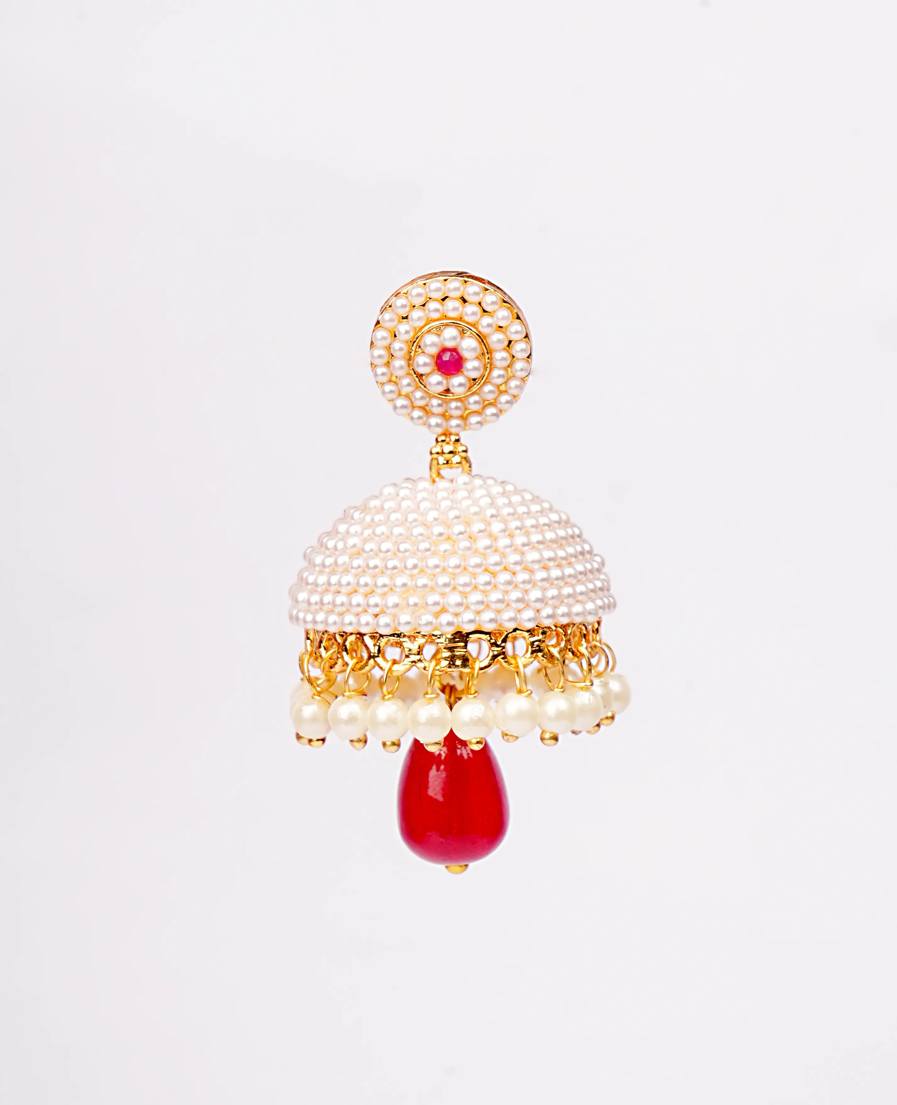 Elegant Pearl Jhumki with Ruby Bead – Ideal Size