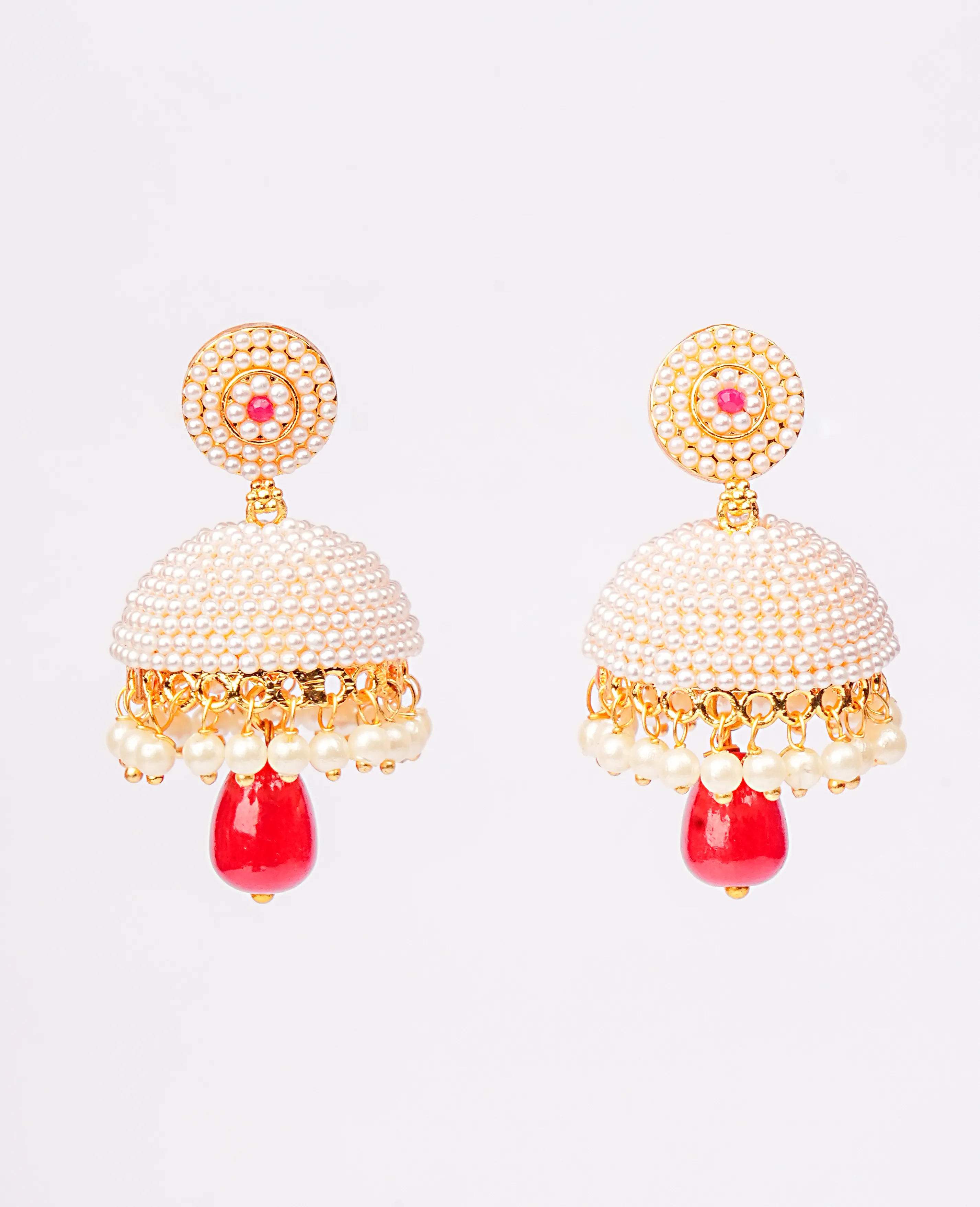 Elegant Pearl Jhumki with Ruby Bead – Ideal Size